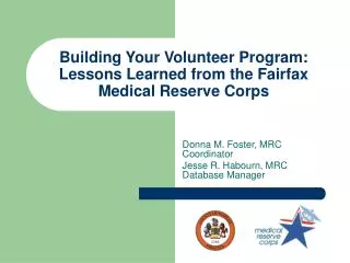 Building Your Volunteer Program: Lessons Learned from the Fairfax Medical Reserve Corps