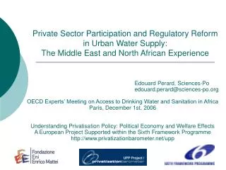 Private Sector Participation and Regulatory Reform in Urban Water Supply: The Middle East and North African Experience