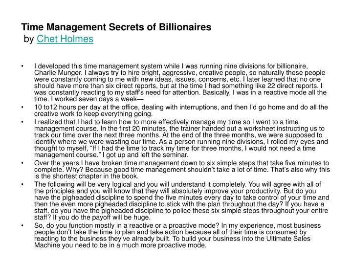 time management secrets of billionaires by chet holmes