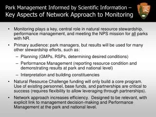 Park Management Informed by Scientific Information – Key Aspects of Network Approach to Monitoring