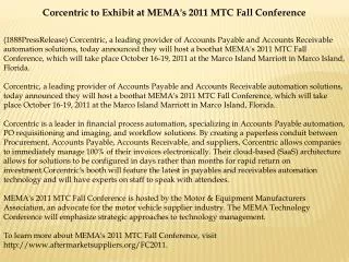corcentric to exhibit at mema's 2011 mtc fall conference