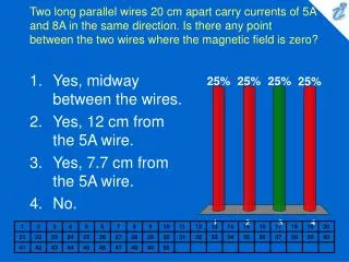 Yes, midway between the wires. Yes, 12 cm from the 5A wire. Yes, 7.7 cm from the 5A wire. No.