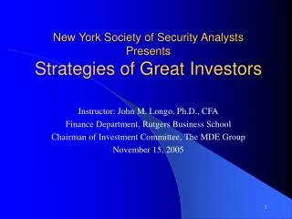 New York Society of Security Analysts Presents Strategies of Great Investors