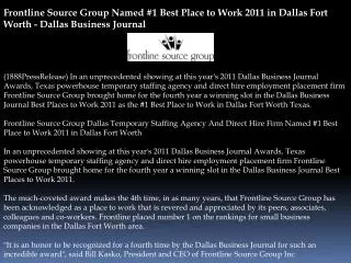 frontline source group named #1 best place to work 2011 in d