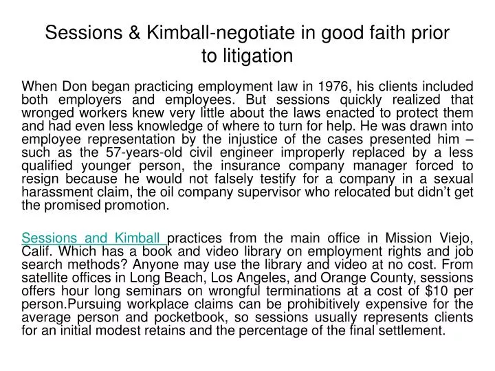 sessions kimball negotiate in good faith prior to litigation