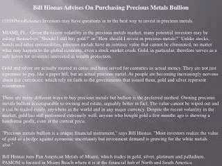 bill hionas advises on purchasing precious metals bullion