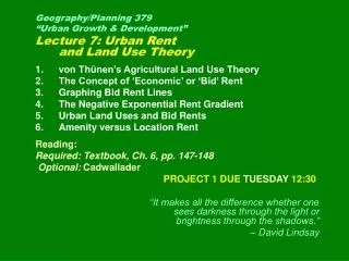 Geography/Planning 379 “Urban Growth &amp; Development” Lecture 7: Urban Rent and Land Use Theory von Thünen’s Agricul