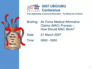 Briefing:	Air Force Medical Affirmative Claims (MAC) Process – How Should MAC Work? Date: 	21 March 2007 Time: 	0900 -