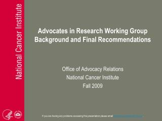 Advocates in Research Working Group Background and Final Recommendations