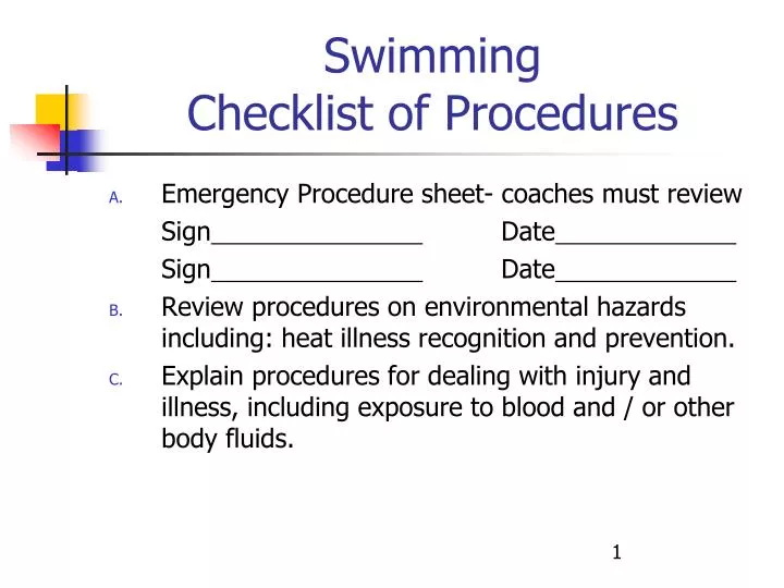 swimming checklist of procedures