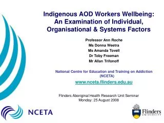 Indigenous AOD Workers Wellbeing: An Examination of Individual, Organisational &amp; Systems Factors