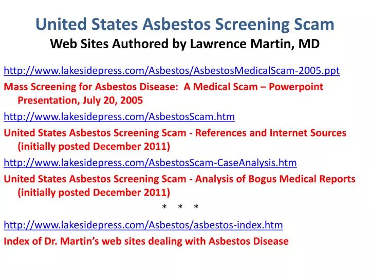 united states asbestos screening scam web sites authored by lawrence martin md
