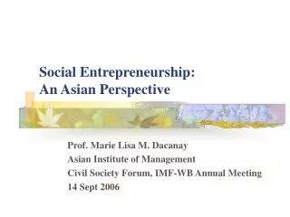 Social Entrepreneurship: An Asian Perspective