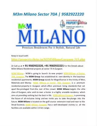 M3m Milano, M3m Milano Sector 70A | 9582922220 | Property Cl