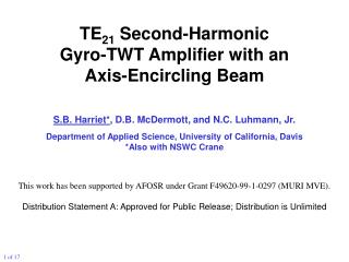 TE 21 Second-Harmonic Gyro-TWT Amplifier with an Axis-Encircling Beam S.B. Harriet* , D.B. McDermott, and N.C. Luhman