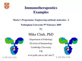 Immunotherapeutics Examples Master’s Programme: Engineering antibody molecules - 2 Nottingham University 9 th February