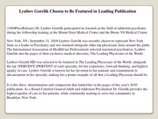 Lyubov Gorelik Chosen to Be Featured in Leading Publication
