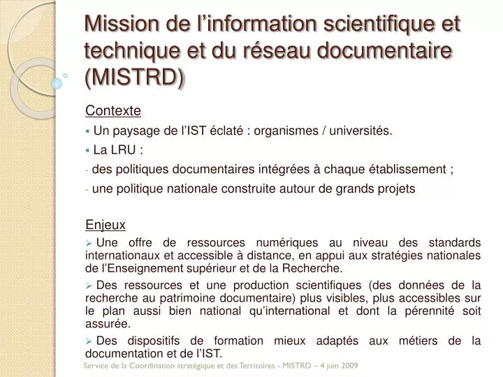 mission de l information scientifique et technique et du r seau documentaire mistrd