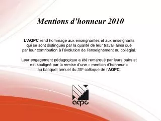 Mentions d’honneur 2010