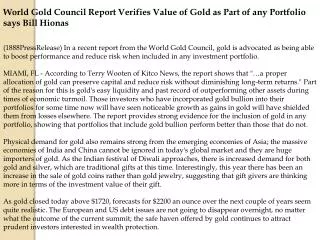World Gold Council Report Verifies Value of Gold as Part of