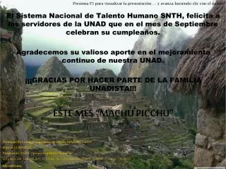 El Sistema Nacional de Talento Humano SNTH, felicita a los servidores de la UNAD que en el mes de Septiembre celebran