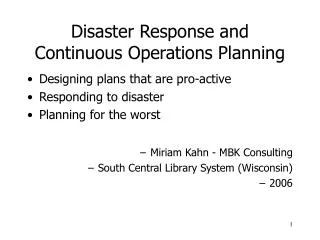 Disaster Response and Continuous Operations Planning