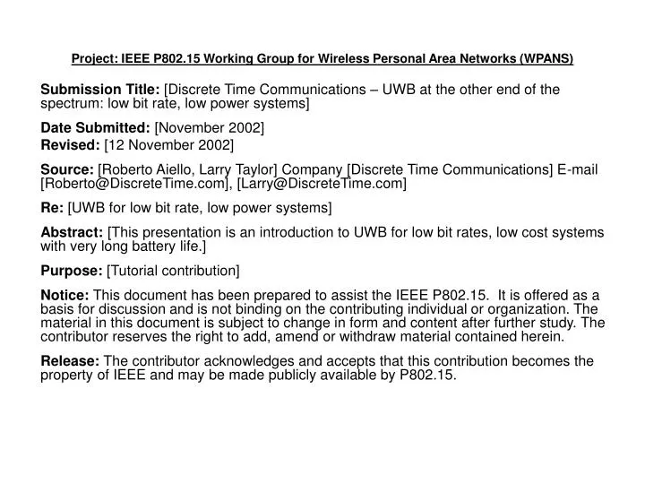 project ieee p802 15 working group for wireless personal area networks wpans