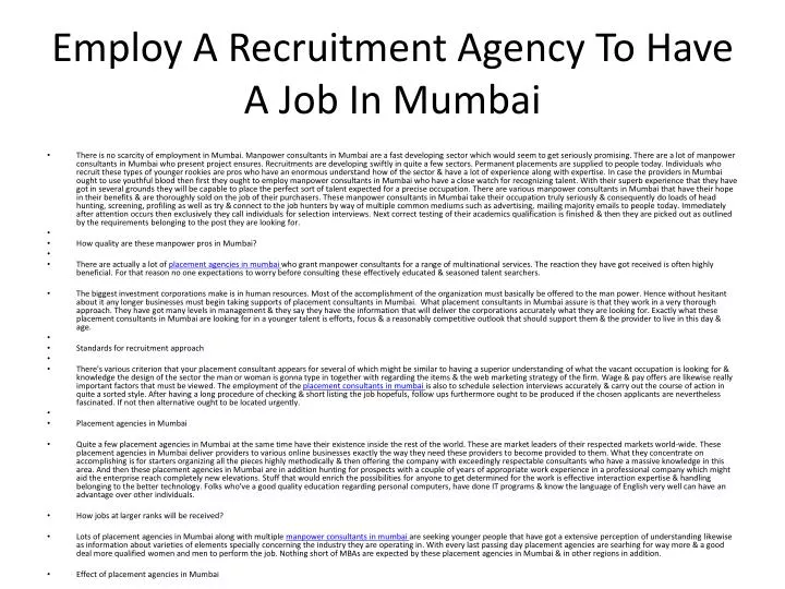 employ a recruitment agency to have a job in mumbai