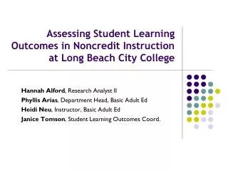Assessing Student Learning Outcomes in Noncredit Instruction at Long Beach City College