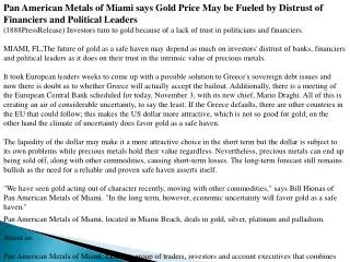 Pan American Metals of Miami says Gold Price May be Fueled b