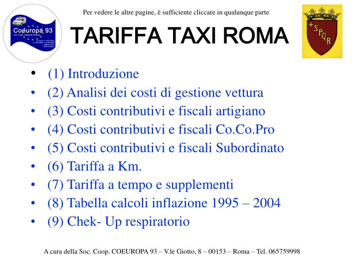 tariffa taxi roma