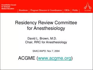 Residency Review Committee for Anesthesiology David L. Brown, M.D.	 Chair, RRC for Anesthesiology SAAC/AAPD: Nov 7, 2004