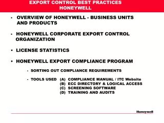 EXPORT CONTROL BEST PRACTICES HONEYWELL