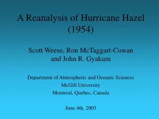 A Reanalysis of Hurricane Hazel (1954)