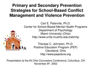 Primary and Secondary Prevention Strategies for School-Based Conflict Management and Violence Prevention