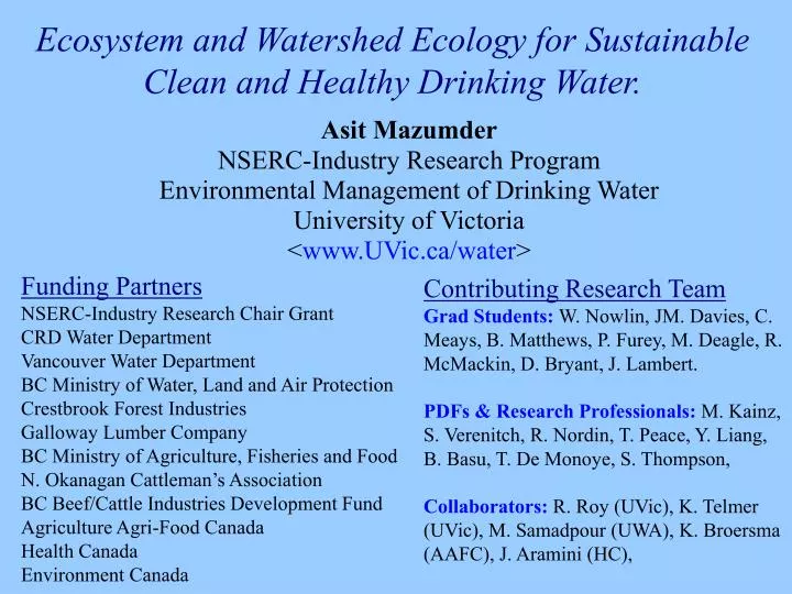 ecosystem and watershed ecology for sustainable clean and healthy drinking water