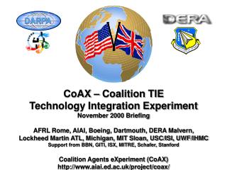 CoAX – Coalition TIE Technology Integration Experiment November 2000 Briefing AFRL Rome, AIAI, Boeing, Dartmouth, DERA M