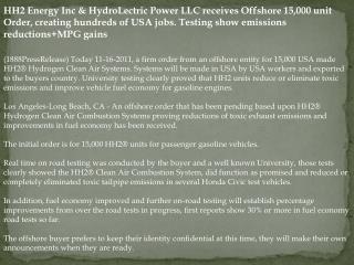 HH2 Energy Inc & HydroLectric Power LLC receives Offshore 15