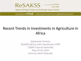 Recent Trends in Investments in Agriculture in Africa