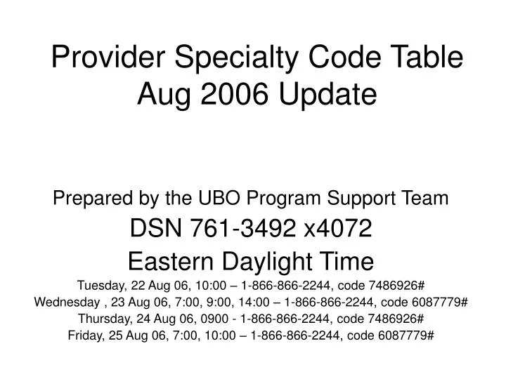 provider specialty code table aug 2006 update