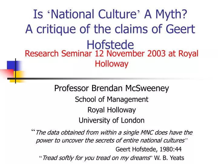 is national culture a myth a critique of the claims of geert hofstede