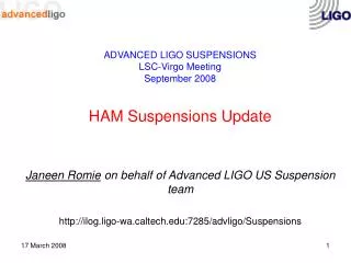 ADVANCED LIGO SUSPENSIONS LSC-Virgo Meeting September 2008 HAM Suspensions Update