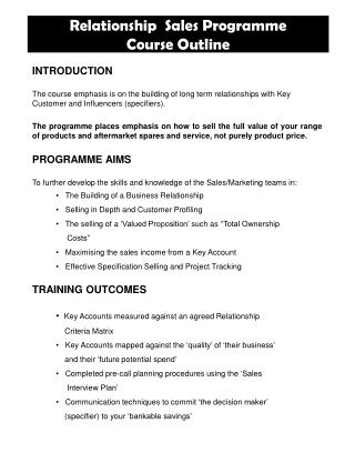 Relationship Sales Programme Course Outline