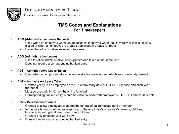 tms codes and explanations for timekeepers