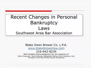 Recent Changes in Personal Bankruptcy Laws Southwest Area Bar Association