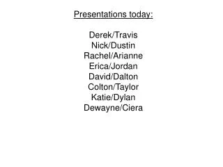 Presentations today: Derek/Travis Nick/Dustin Rachel/Arianne Erica/Jordan David/Dalton Colton/Taylor Katie/Dylan Dewayne