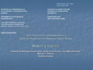 Task Force on the Development of a Common Instrument to Measure Health States: Measuring Cognition