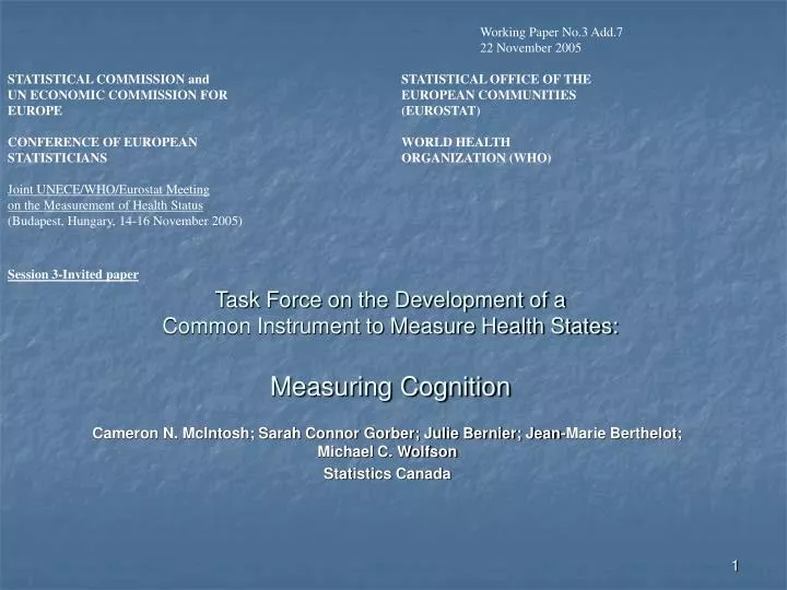 task force on the development of a common instrument to measure health states measuring cognition
