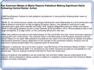 Pan American Metals of Miami Reports Palladium Making Signif