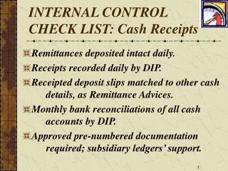 INTERNAL CONTROL CHECK LIST: Cash Receipts